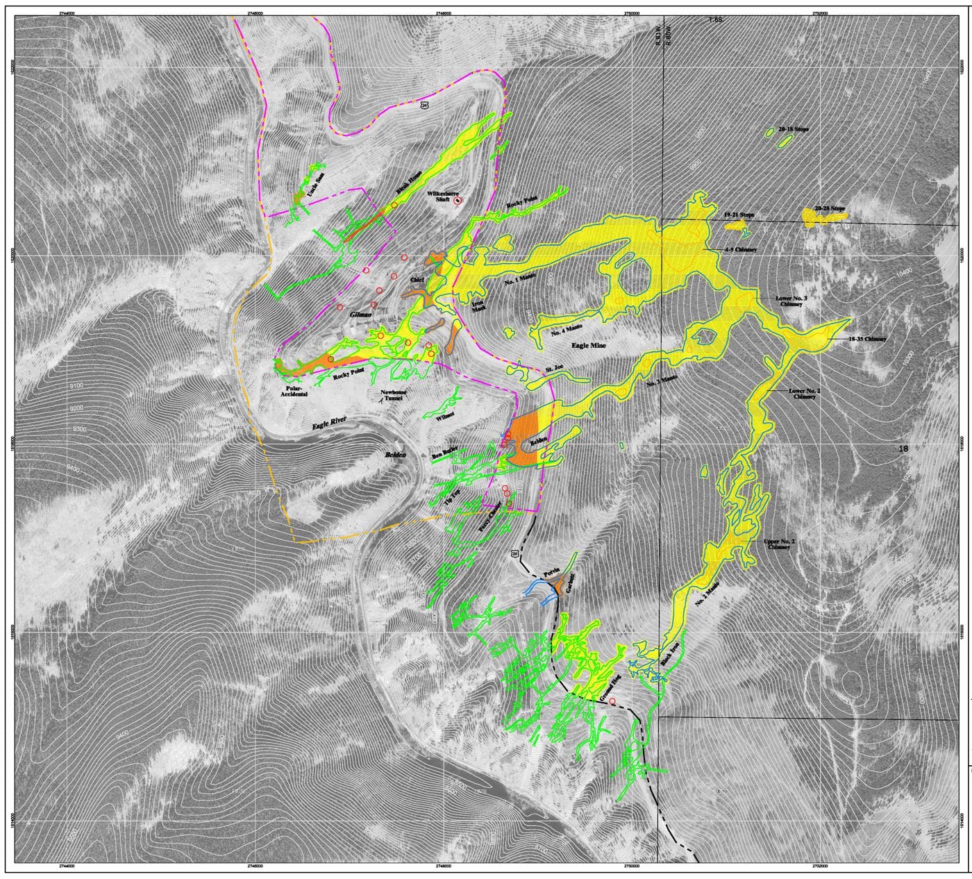 Contour map with color overlay showing areas with increased risk of subsidence